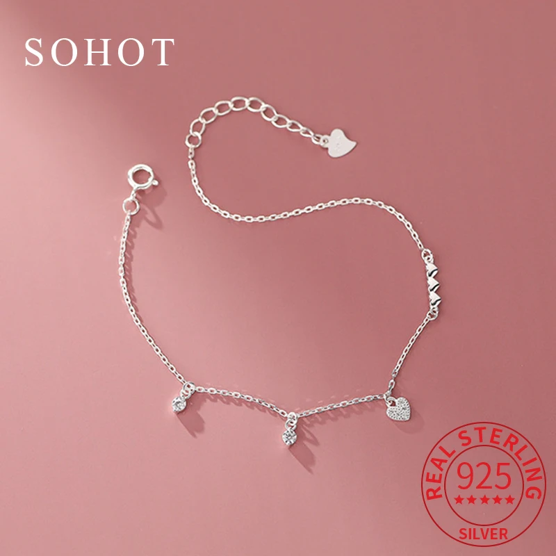 

Real 925 Sterling Silver Sparkling Heart Zircon Charm Bracelet For Women Minimalist Cute Fine Jewelry Light Luxury Accessories