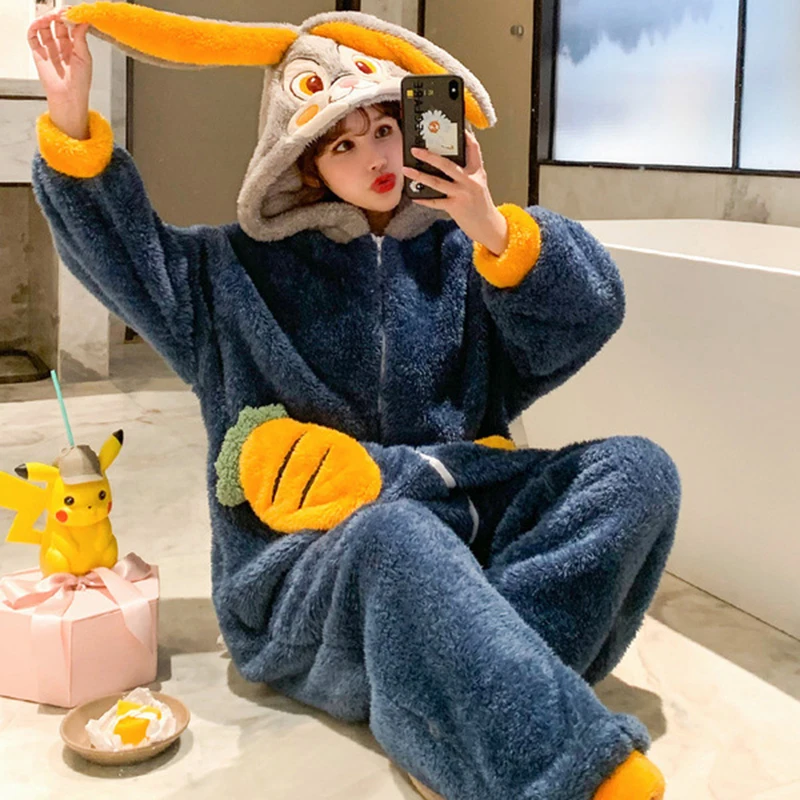 One Piece Pajamas For Women Winter Adults Animal Rabbit Onesies Cute Cartoon Hooded Coral Fleece Sleepwear Cosplay Jumpsuits New