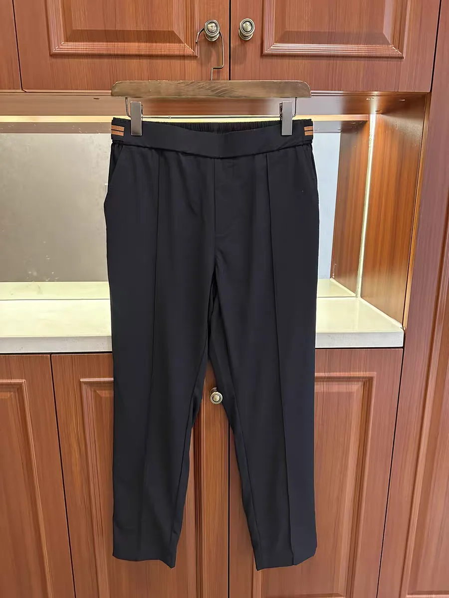 Italian Style Men's Casual Pants Summer Half Elastic Waist Side Buckle Adjusted Straight Leg Ice Silk Leisure Trousers