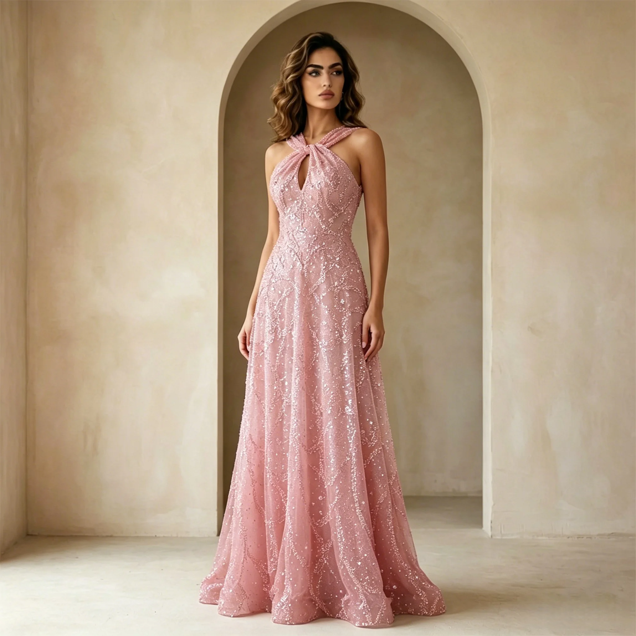 Customized EGS 2026 New Gradient Pink Beaded Evening Dress Twisted Halter A-Line Dubai Arabic Women Formal Party Gown