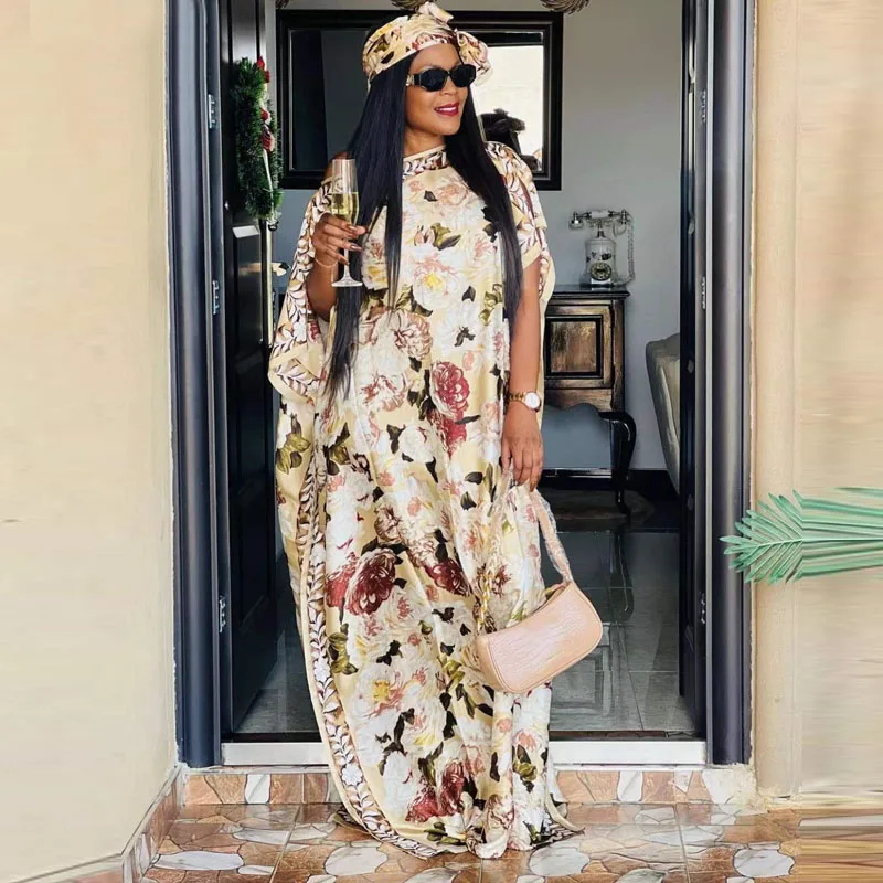 Afrykańska 2023 elegancka nigeryjska jedwabna sukienka z nadrukiem o pełnej długości hidżabu Kaftan Maxi Oversize kwiecista, w stylu boho plaża