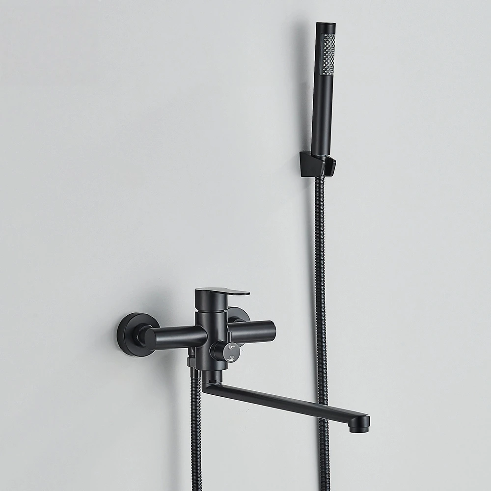 

Матовый черный смеситель для душа для ванной комнаты с поворотным изливом для ванны 35 см, настенный смеситель для ванны, кран для горячей и холодной воды