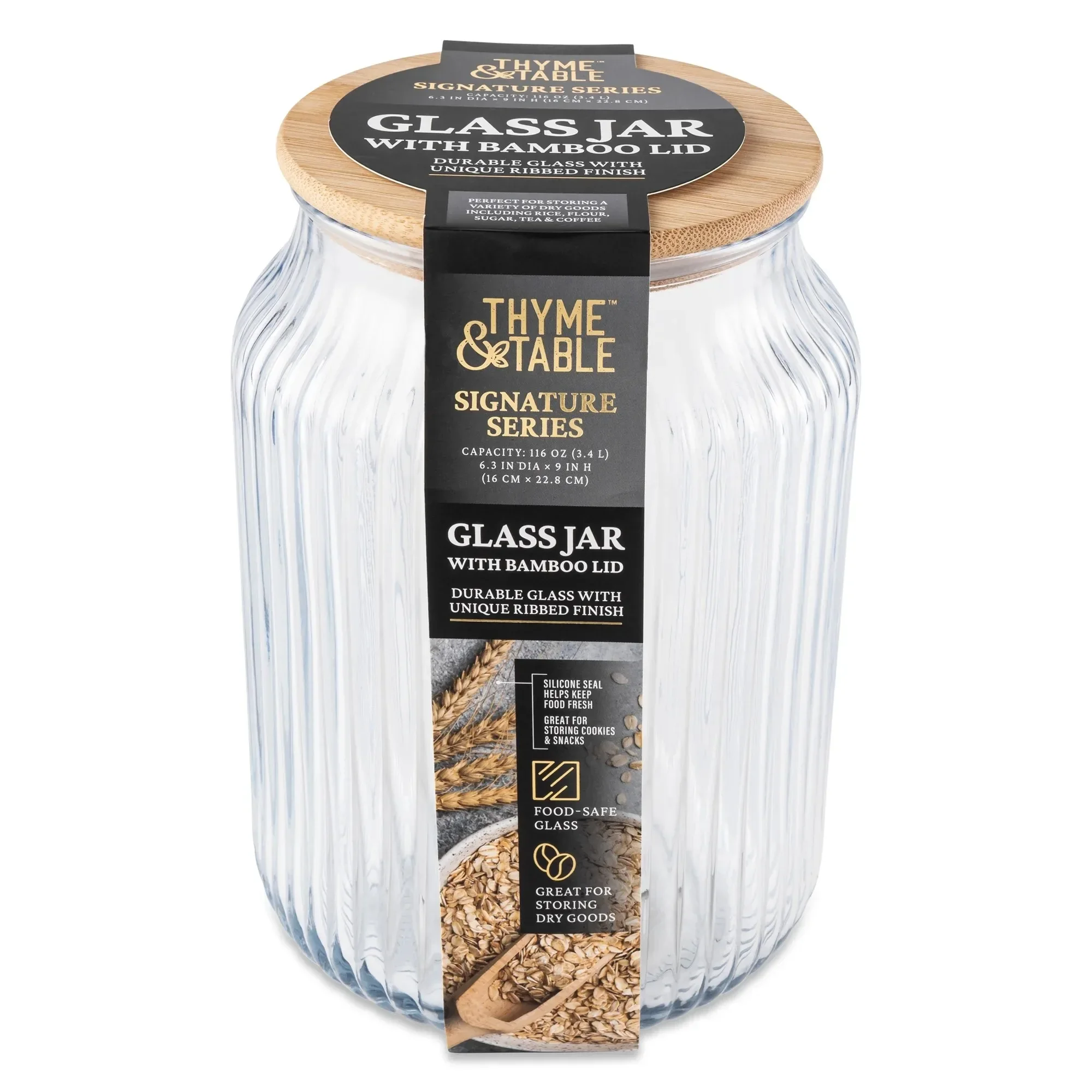 Thyme & Table Large (3 L) Ribbed Glass Kitchen Organization Jar with Bamboo Lid, Clear