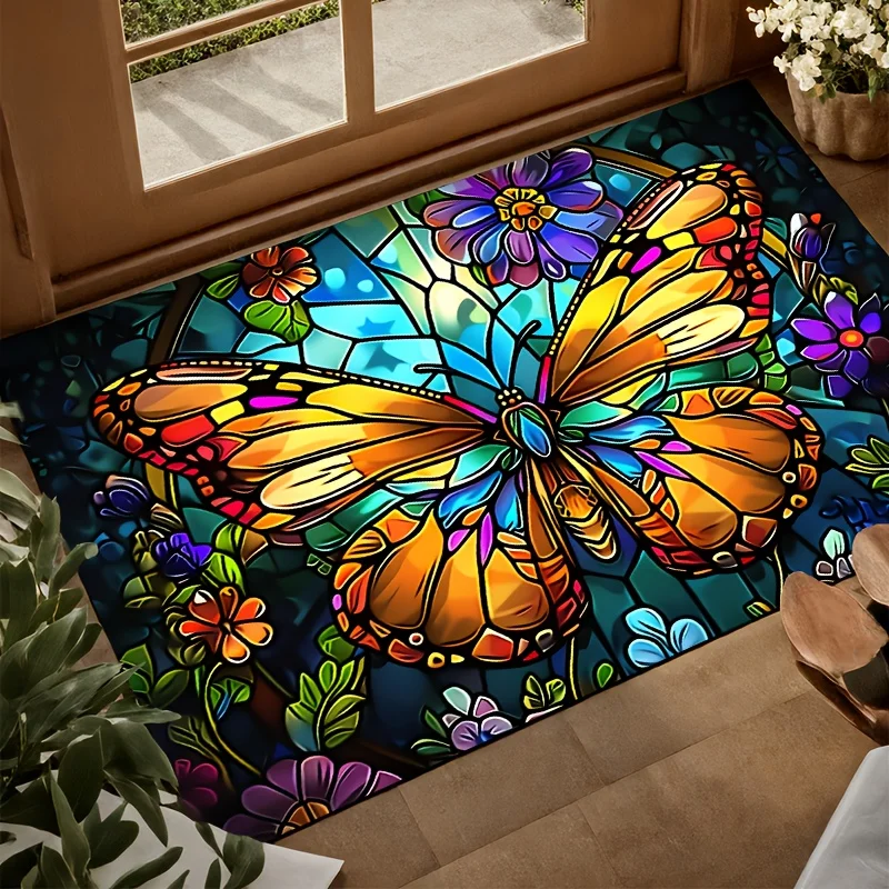 VIKAMA Stained Glass Butterfly Doormat Color Floral Print Non Slip Washable Entrance Rug Boho Front Door Indoor Home Mat