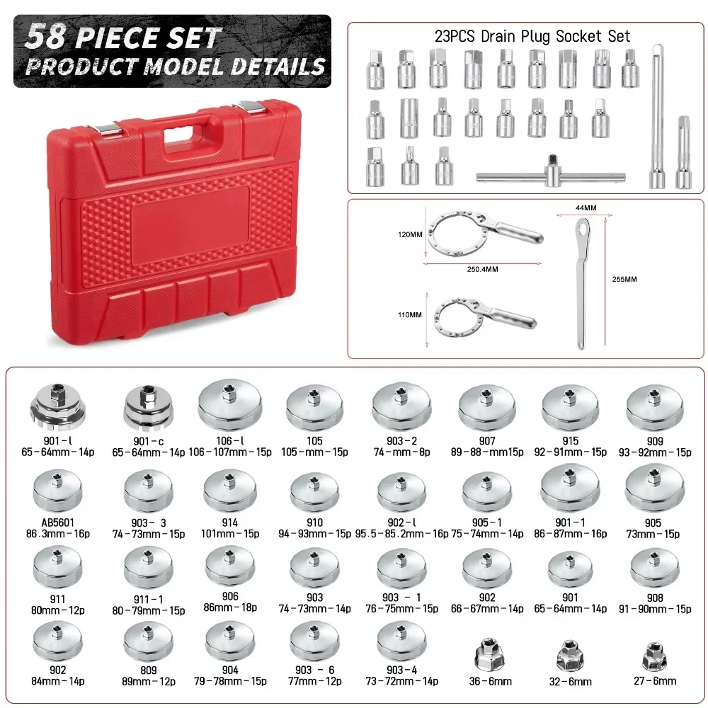 

58 Essential Auto Tools Durable Metal Body Repair Tools With Oil Filter Wrench Cover Vehicle Kit