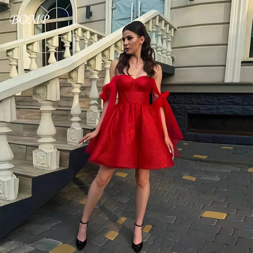 Elegancka, błyszcząca czerwona sukienka na przyjęcie, z odkrytymi ramionami, kokardami, drapowana, w kształcie litery A, mini, na specjalną okazję, urodziny, studniówkę, szyta na miarę.