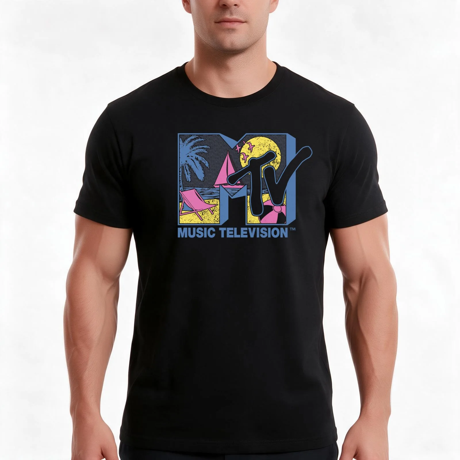 MTV Tropical Beach Neon Fill Logo T-Shirt, Summer Casual Cotton Tee, Oversized Streetwear Tops, Vintage Graphic Print