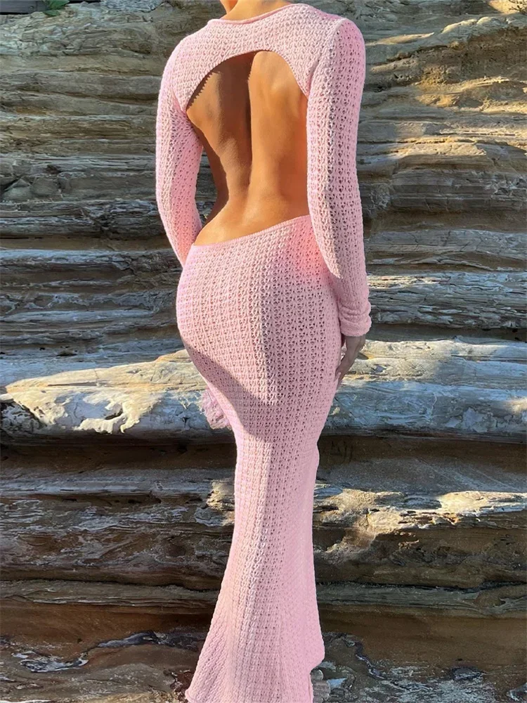 Sexy Backless Cut Out Knit Long Sleeve Slim Maxi Dresses 2024 Summer Beachwear Bikini Cover-ups Women Evening Party Dress A2777