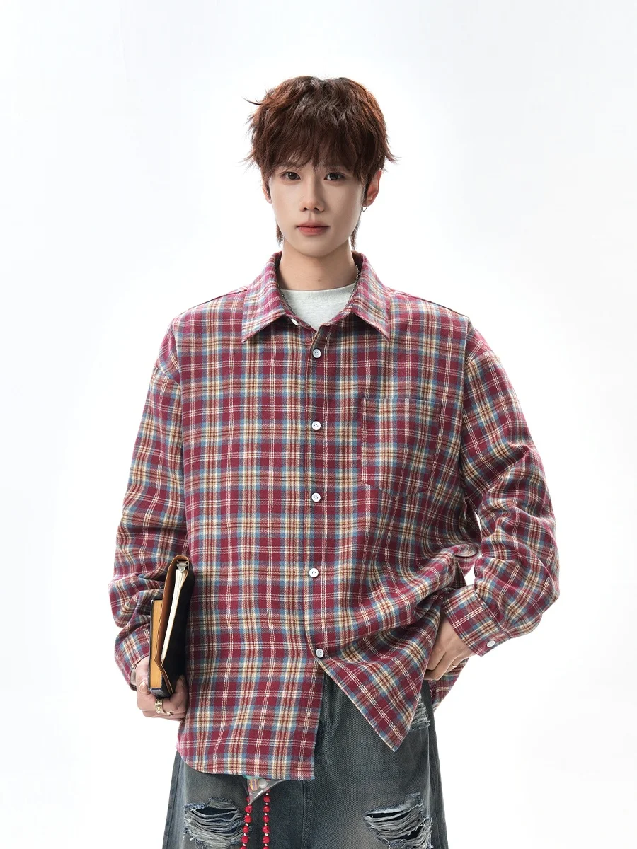 

Retro Red Plaid Long Sve Men's irt Casual Sle Spring New Arrival High Sensation Cool American Sle Coat Jaet