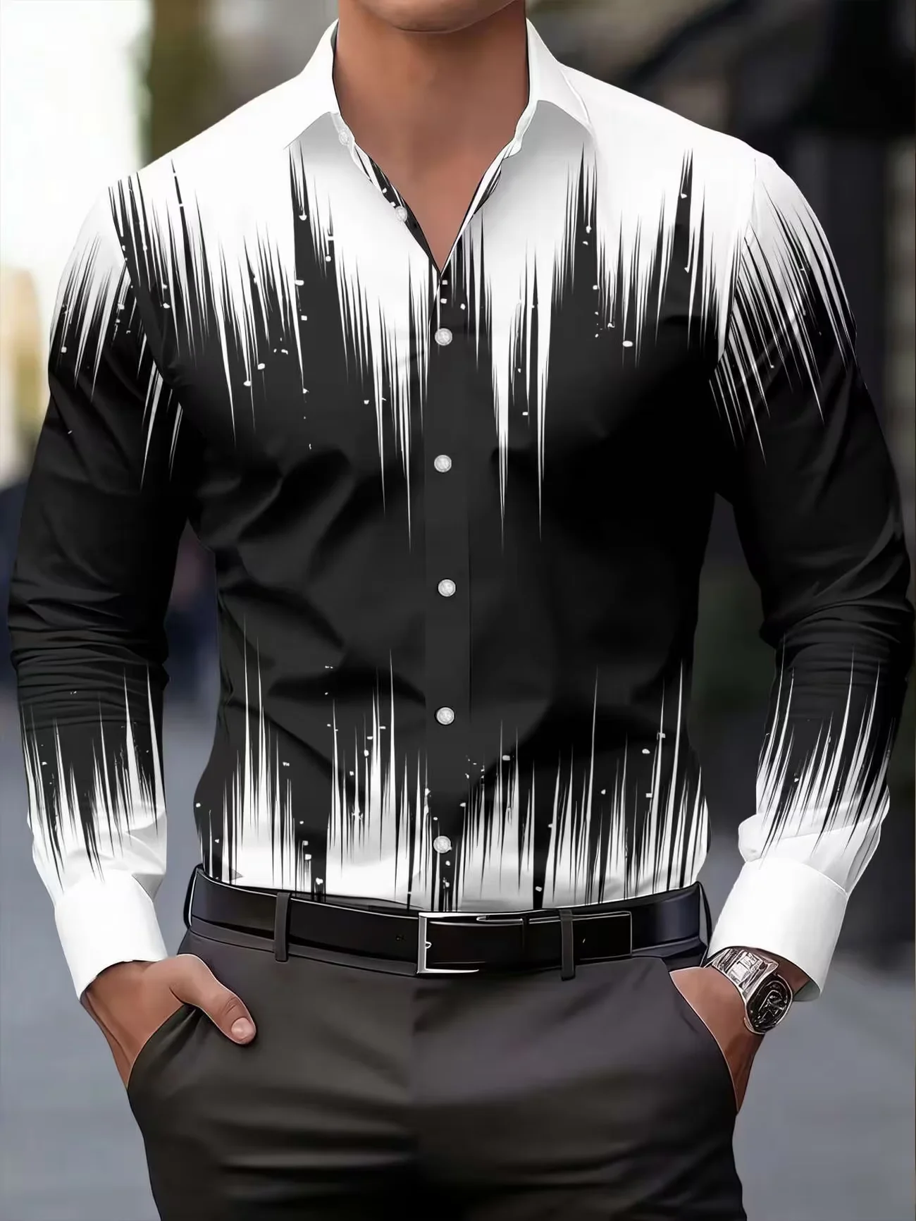 New black and white gradient brush print men's long sleeved shirt artistic style slim fit casual shirt clothing