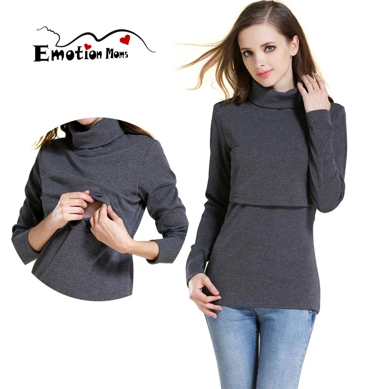 Turtleneck Long Sleeve Ribbed Maternity Nursing Top Hidden Lift Up Breastfeeding Opening Stretch Winter Pregnancy Blouse Shirt