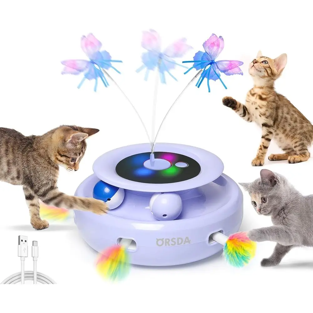 

3-in-1 Automatic Interactive Moving Ambush Feather, Luttering, Track Balls, USB Rechargeable Powered Smart Indoor Exercise Kicke