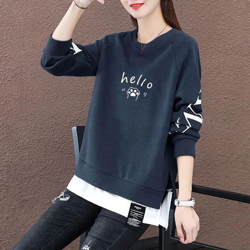 Felpa con cappuccio in due pezzi finto da donna 2024 Autunno Nuovo Thiened Fce Allentato Lungo Sve Tuta sportiva rotonda Ne Commute Sle Jaet