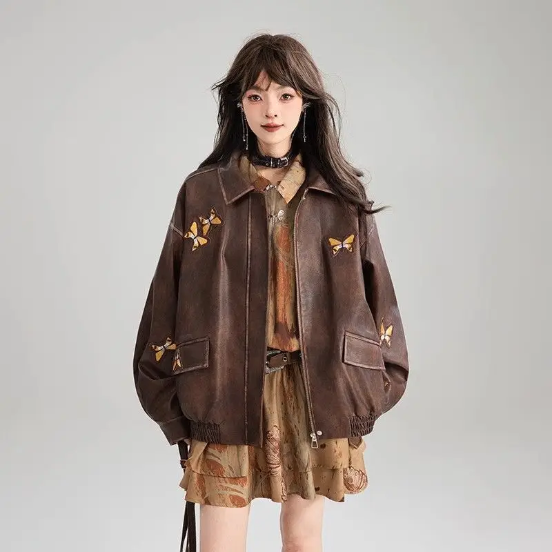 

Butterfly Embroidery Brown Leather Jacket Women Maillard Fashion Retro PU Casual Y2k Tops Korean Leather Streetwear Coats
