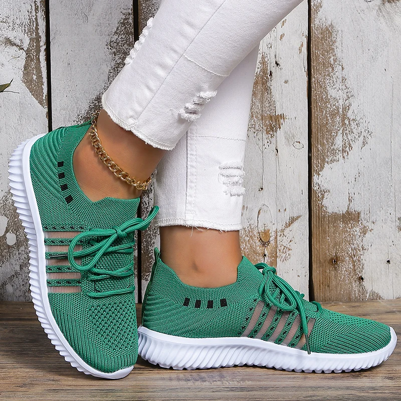 Lightweight Breathable Running Shoes for Women Non Slip Knitted Green Sneakers Woman Soft Sole Slip On Casual Flats Plus Size 43