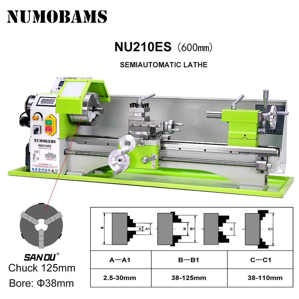 Metal Lathe Machine NU210x600ES 1100W Auto Threading Semi-CNC Lathe 600mm Distance 210mm Swing