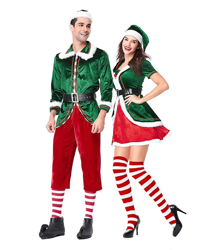 Disfraz de Navidad para hombre, uniforme de Cosplay de Papá Noel para pareja, trajes de Navidad de elfo rojo y verde, vestido de fiesta de lujo, trajes de Año Nuevo