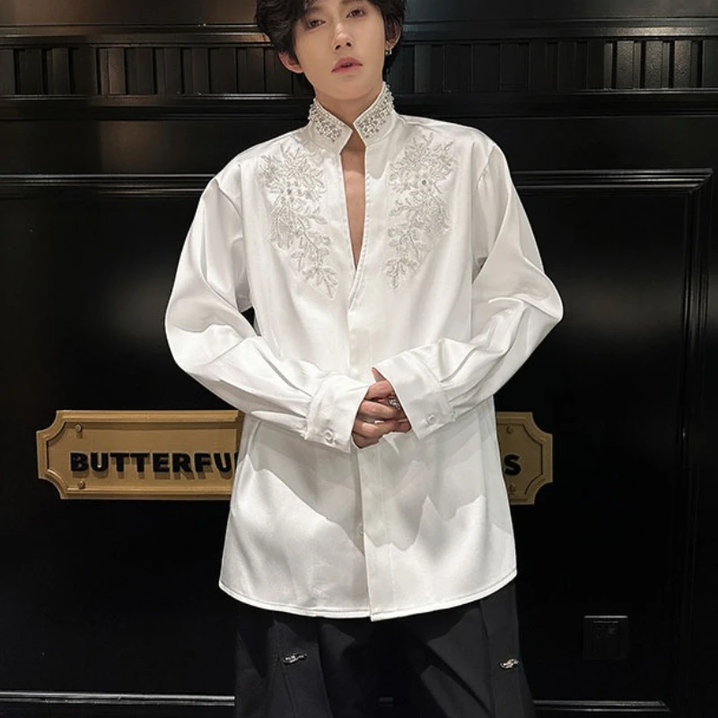 Spring Men's Heavy Duty Bead Embroidered Shirt Long Sleeve Loose Imitation Silk Casual Shirt Social celebrity high street shirts