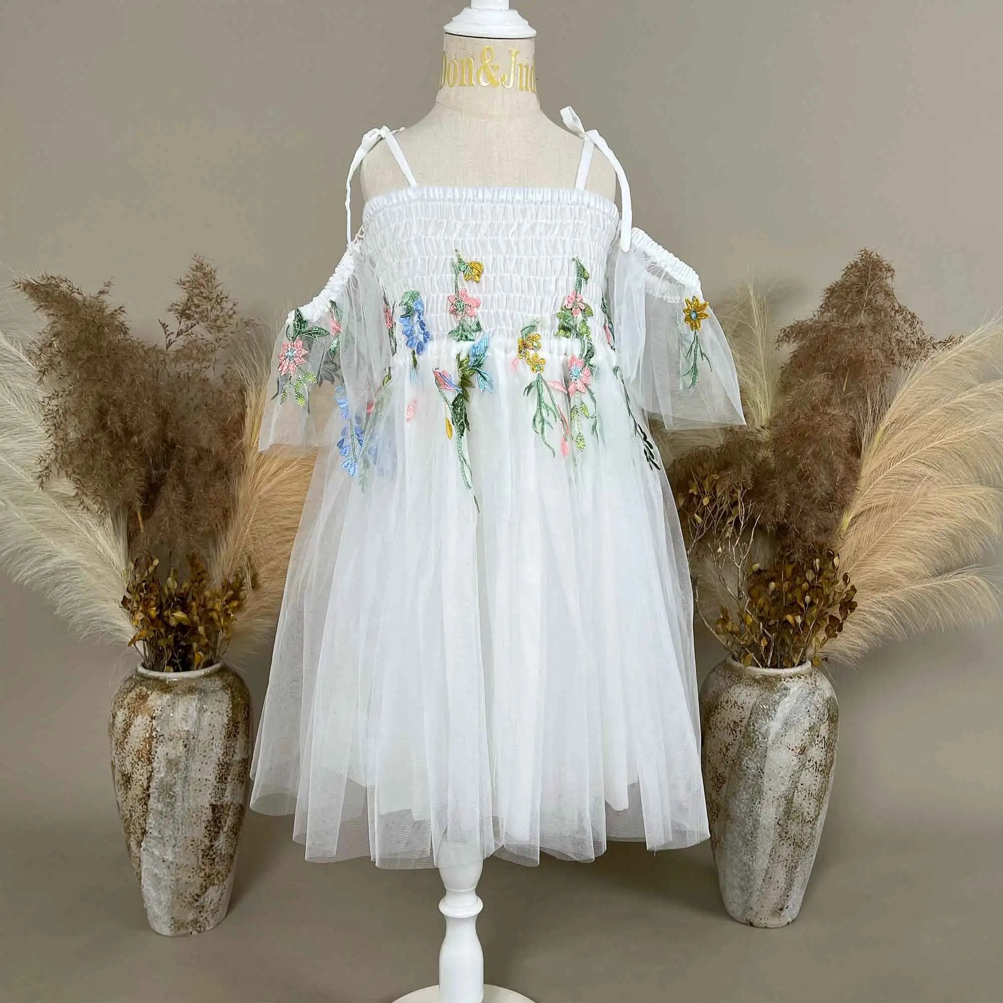 Don&Judy White Tulle Embroidered Appliqué Strapless Dress Newborn Baby Girls Romper Little Princess Jumpsuit Photo Shoot