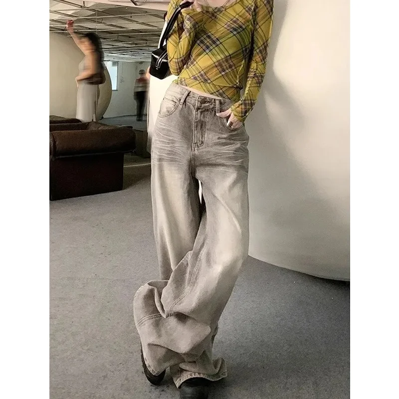 Szare dżinsy damskie z wysokim stanem American Plus Size Spodnie z szerokimi nogawkami 90s Vintage Straight Baggy 2000s Denim Trousers Mom Oversize