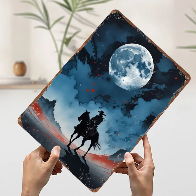 Cowboy on Horseback Under Full Moon Metal Poster Decorative Home Objects Customizable Metal Tin Signs for Wall Art Decoration