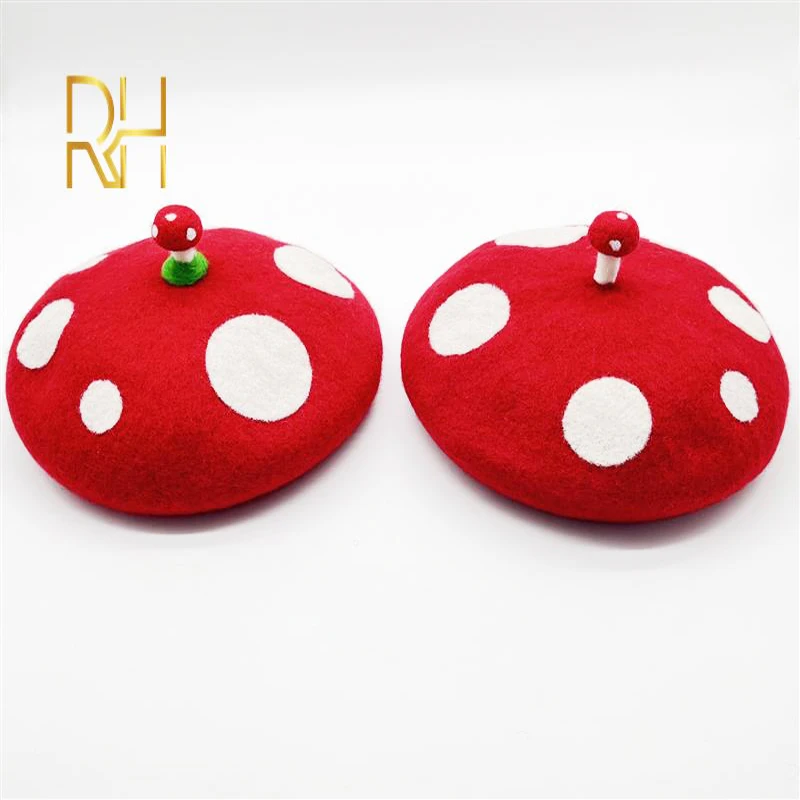 RH Female Cute Red White Mushrooms Design Handmade Girls Painter Hat Autumn Winter Bud Ladies Warm Beret Caps