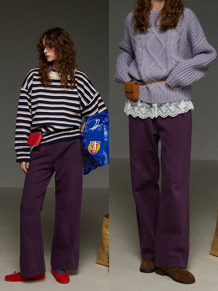 

TNIT Women's High Waist Straight Leg Jeans plus Size Casual Wide Leg Long Pants Spring Autumn Purple Versatile Loose Fit