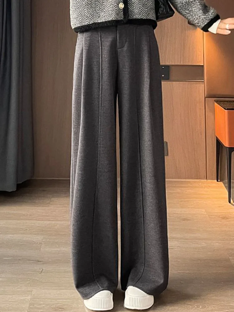 سراويل مستقيمة فضفاضة على الموضة الكورية للسيدات غير رسمية عالية الخصر مخملية مبطنة بأرجل واسعة سراويل شتوية دافئة متينة وسميكة Spodnie #3