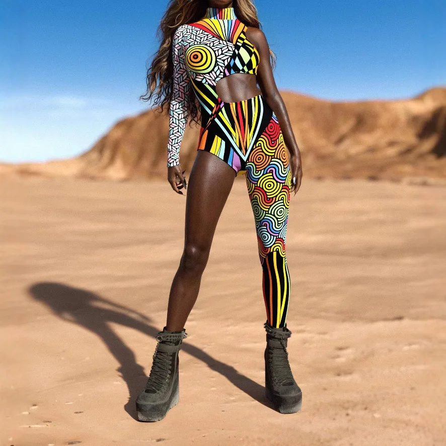 أزياء الهالوين النسائية الملونة ثلاثية الأبعاد المطبوعة Cyberpunk قوس قزح ارتداءها عطلة تأثيري حفلة تمتد بذلة القرون الوسطى