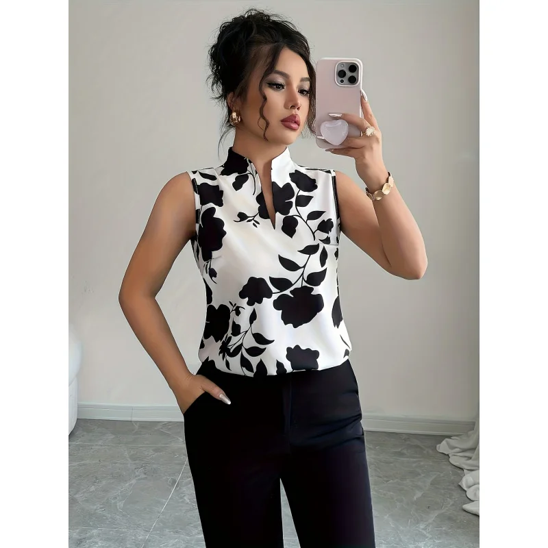 

Directional Elegant Casual Botanical Print Open-Neck Sleeveless Crop Top