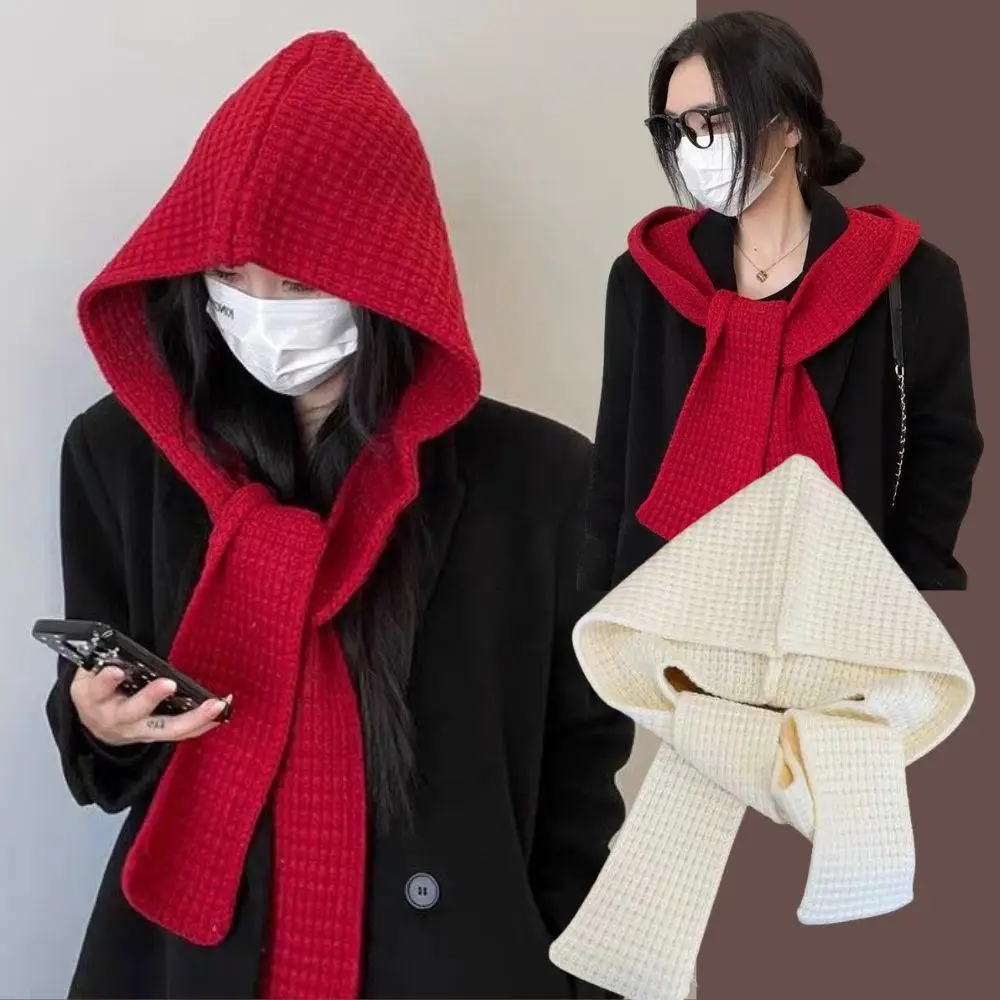 Knitted Hooded Caps Winter Balaclava Hats Women Korean Style Wide Scarf Earmuffs Cap Outdoor Warmer Neck Protector Solid Scarves