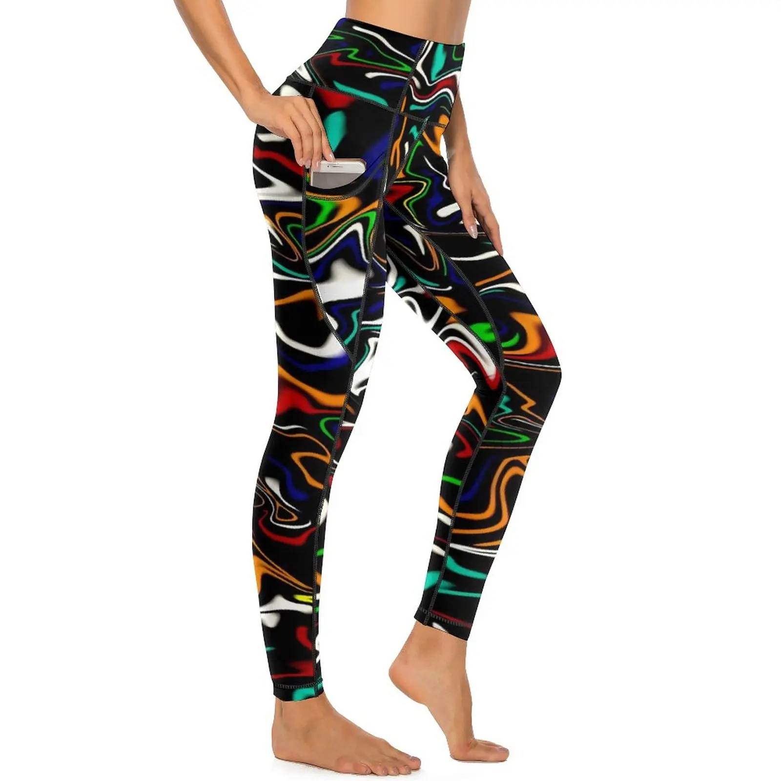 Pantalones de Yoga con pintura de neón, mallas con bolsillos y estampado líquido, Sexy, Push Up, transpirables, de secado rápido, para entrenamiento y gimnasio