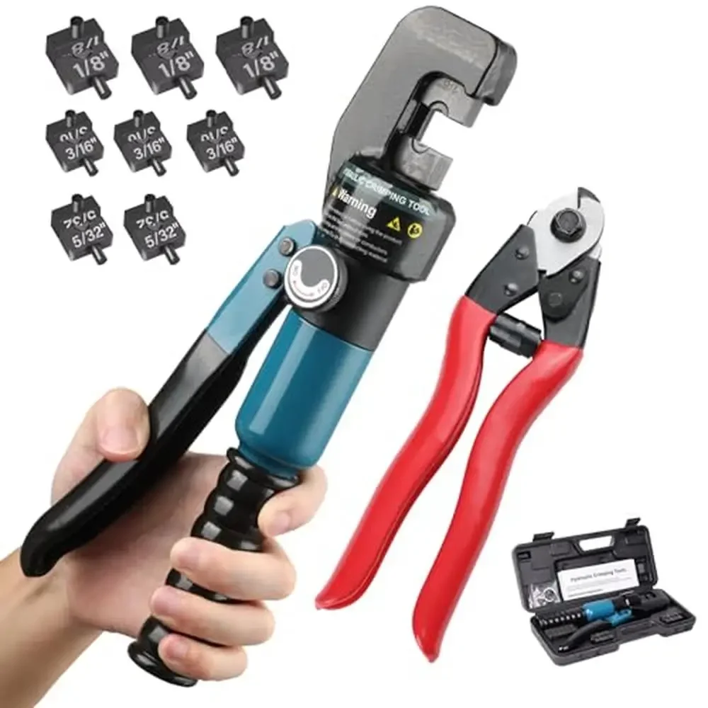 

6-Ton Hydraulic Cable Crimper Stainless Steel Cutter DIY Railing Kit Hardware System 1/8" 3/16" 5/32" Knob Pressure Control