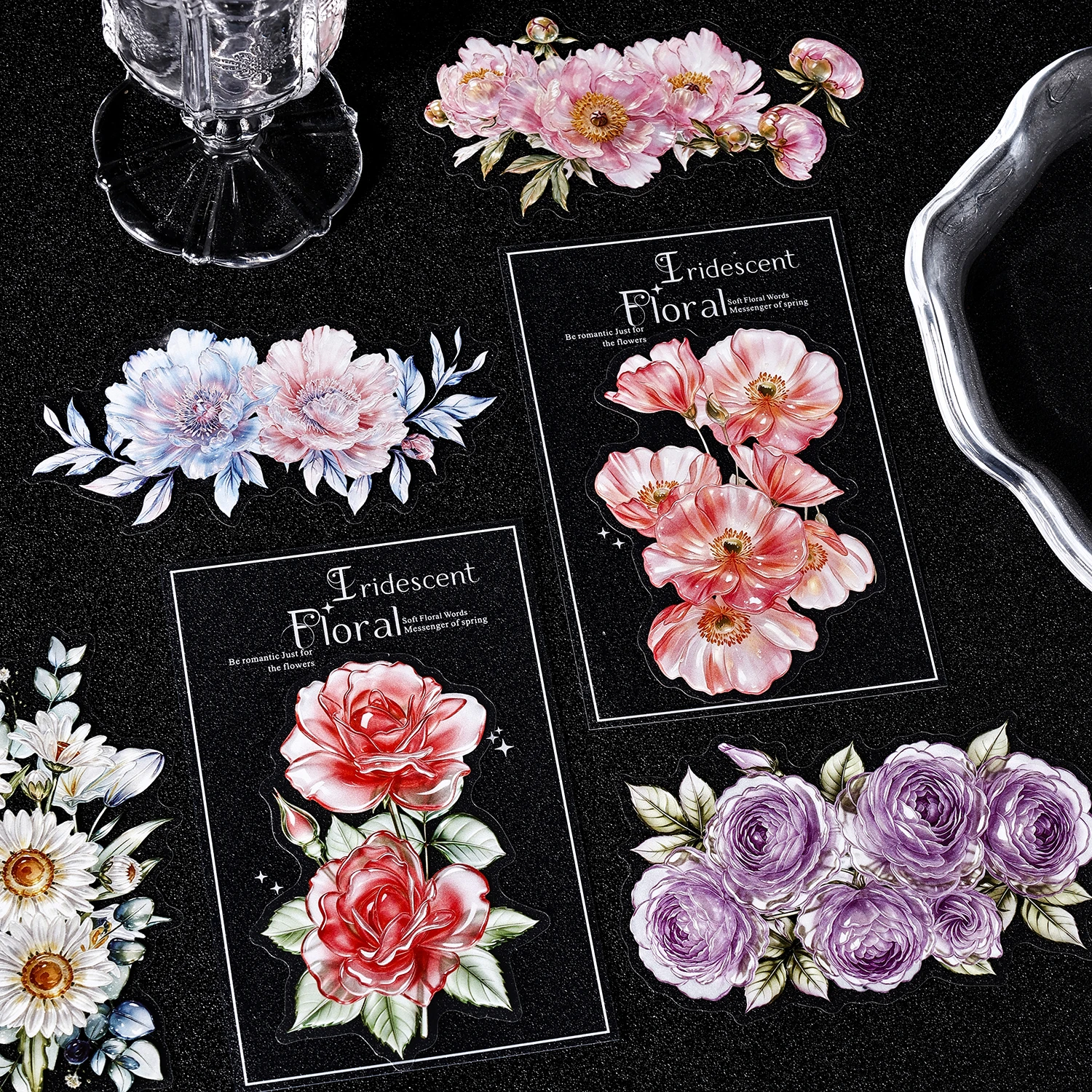 10 Pezzi di Adesivi PET Floreali Iridescenti Kawaii per Diario Fai-da-Te, Scrapbook, Forniture per Diario Estetico, Adesivi per Cancelleria