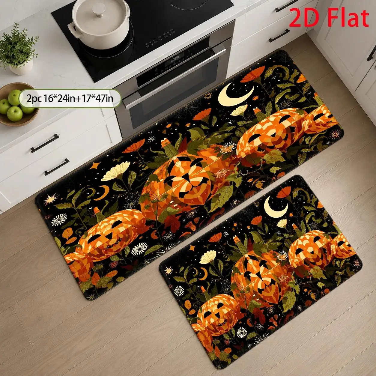 1pc, 2pcs, 3pcs, 2D Flat Kitchen Floor Mat Set, Halloween Pumpkin Floor Mat, Colorful Tribal Pattern Design, Festive Seasonal Decoration, Easy-to-Clean Decorative Kitchen Mat, Suitable for Kitchen, Bathroom, Laundry Room, 2D Flat