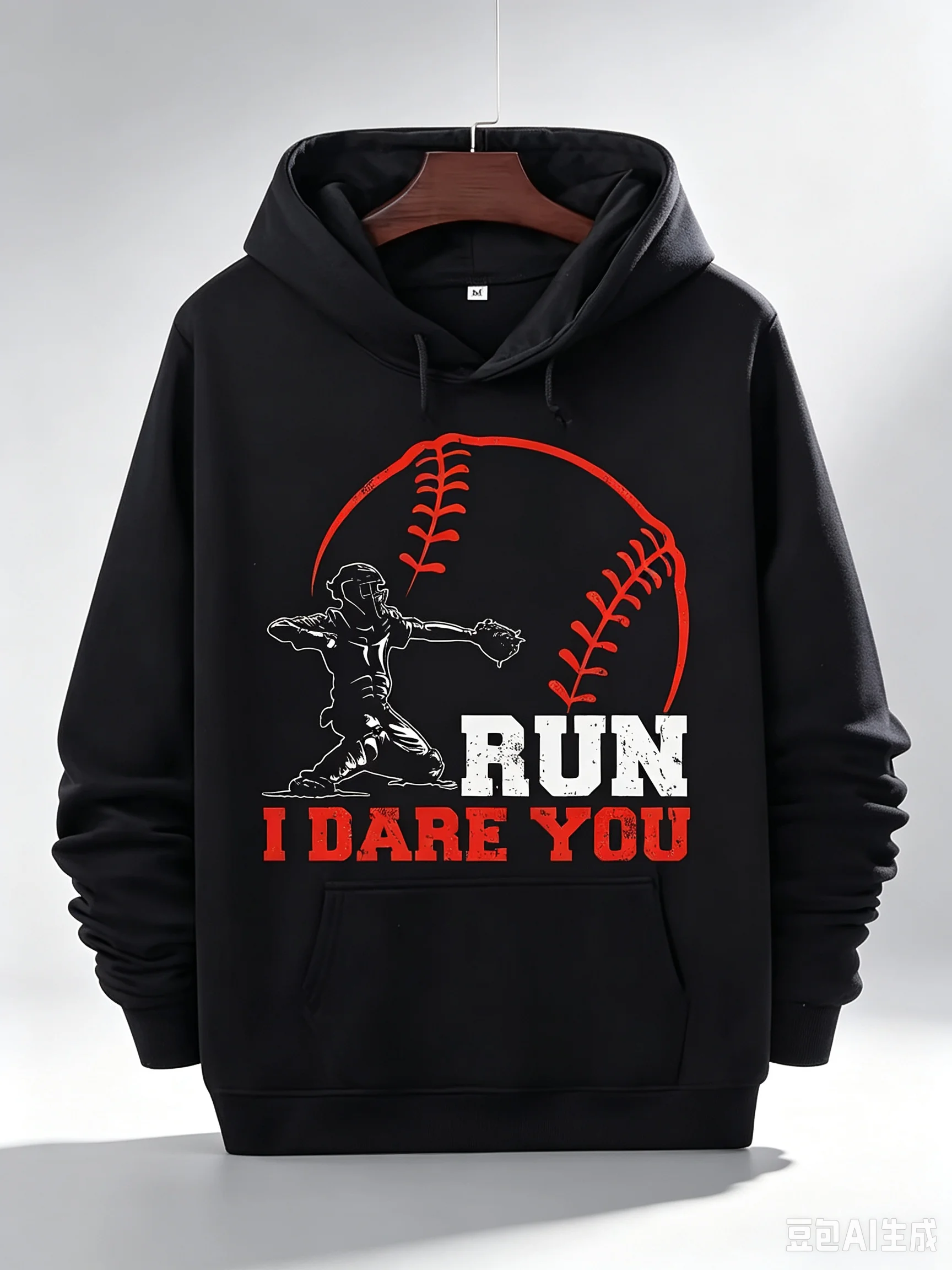 Men's Baseball Hoodie - Black with Red Detail, Long Sleeve Pullover Hooded with Drawstring and Front Pocket - Washable Baseball