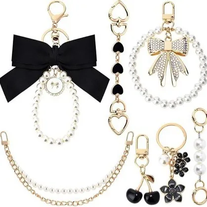 Sweet Bow Faux Pearl Keychain Set Rhinestone Cherry Flower Pendant Handbag Decor Key Ring For Girls