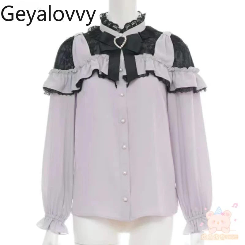 

Японский стиль SC, весна-осень, новая кружевная лоскутная рубашка с бантом и воротником-стойкой, универсальные милые топы в стиле Лолиты для массового производства для девочек
