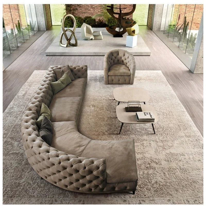 Sofa living room Modern simple large apartment American light luxury pull button villa arc fabric removable and washable