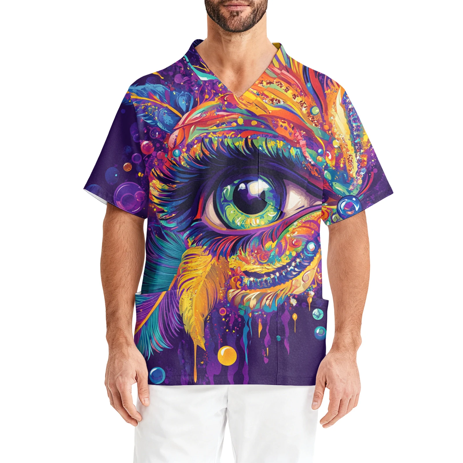 Uniforme d'infirmière imprimé de carnaval, chemise à manches courtes pour hommes, col en v, uniforme d'infirmière à manches courtes, veste de soignant de poche