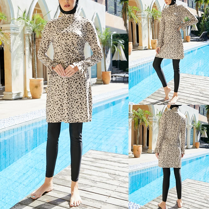 Burkini swimsuit for Muslim woman, high neck pants, long skirt, swimming cap, 3 piece, beige print, diving, surf, new