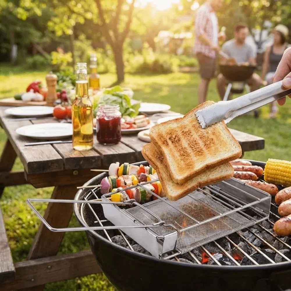 Safe Stainless Steel Bread Toaster Folding Bread Tray Barbecue Grill Compact Long Handle Sausage Grilling Rack Home Cooking