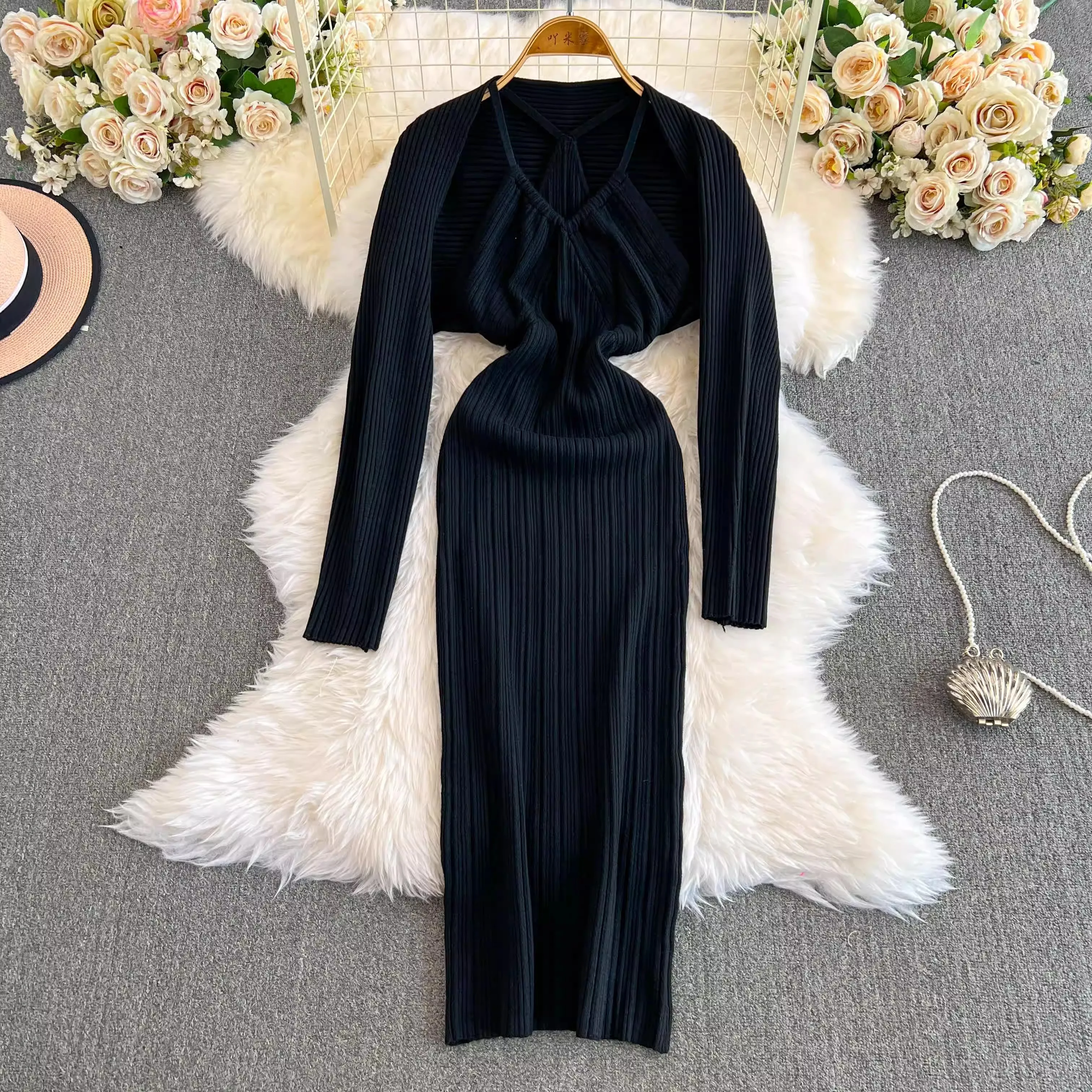 YuooMuoo Women Two Piece Dress Sets Chic Fashion Sexy Package Hips Long Dress and Long Sleeve Knitted Cardigans Streewear Autumn