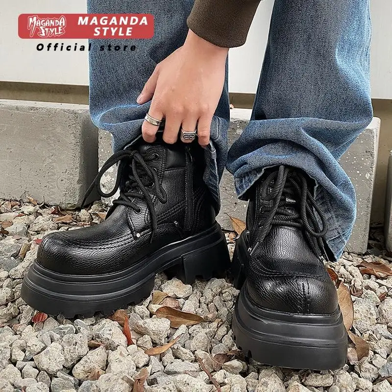 

10CM invisible height increasing leather big toe short leather boots men's thick soled lace up motorcycle boots outdoor shoes