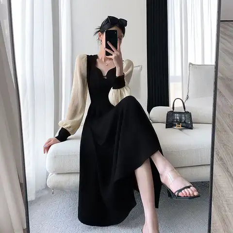 Plus Size French Hepburn Style Long Sleeve Dress Women's Autumn Belly Covering Slimming Patchwork Long Skirt A- Line Midi Dress