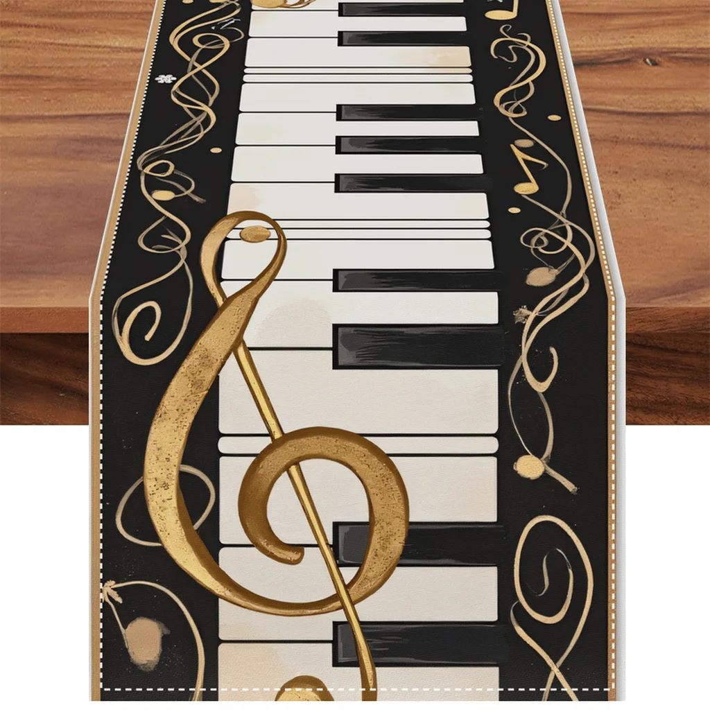 Music Piano Keyboard Linen Table Runner Holiday Party Decor Golden Musical Notes Treble Clefs Table Runners Dresser Scarf Decor