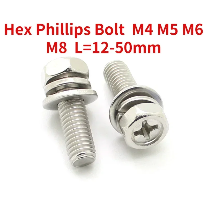 

30set M4 M5 M6 M8 Hex Phillips Cross Head Bolt Hexagon Screws Flat Spring Washers Set 304 Stainless Steel L=12-50mm