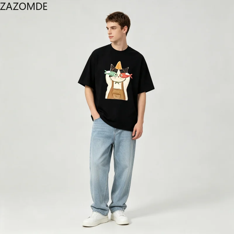 ZAZOMDE  Retro Cartoon Pet Art Print T-Shirt Men Women Loose Fit Short Sleeve Fashion Streetwear Daily Wear Animal Pattern Tops