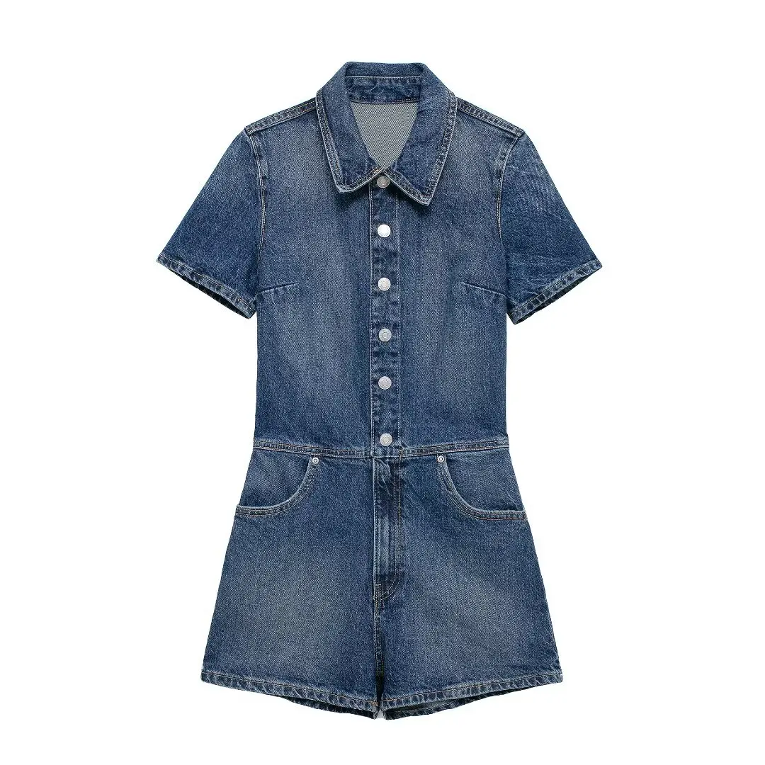 Tangada 2024 Summer Women Blue Denim Playsuit Turn Down Collar Short Sleeve Female Casual Playsuit 3H0569