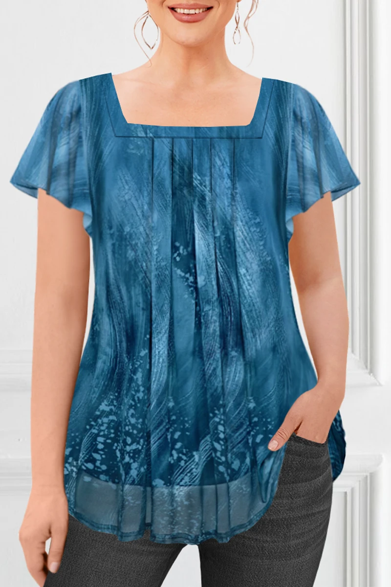 Flycurvy Plus Size Casual Blue Sheer Square Neck Layered Fold Ruffle Sleeve Ocean Print Blouse